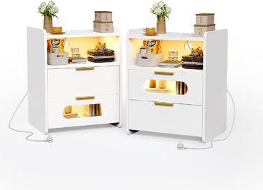 Світлодіодна тумба для спальні 2 шт з USB, біла, з підсвіткою, 2 відкриті полиці та 2 шухляди, Lvhecforhm