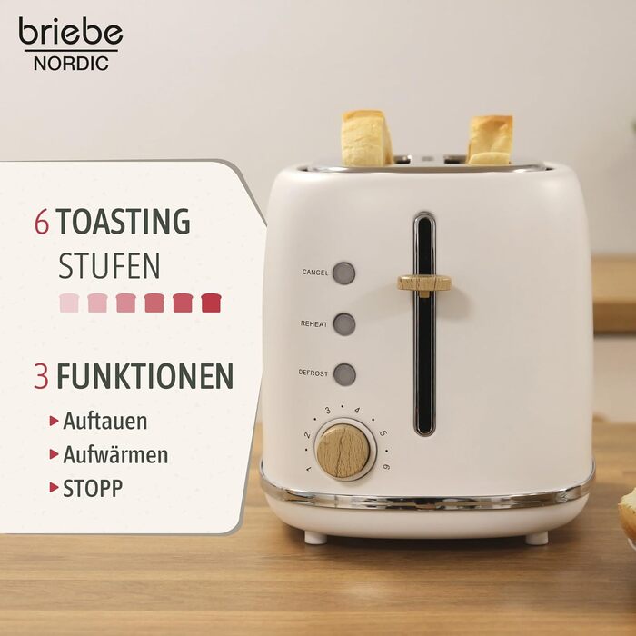 Тостер Briebe Nordic Set 2-слотовий з підставкою для булочок, 6 рівнів підсмажування + Електричний чайник 1.7л 2200Вт, BPA-free, Білий