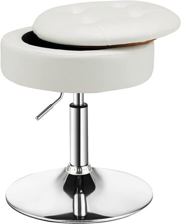 Косметичний пуф COSTWAY, обертовий на 360°, з місцем для зберігання, висота 51-66 см, м'який офісний та барний стілець, круглий, білий, сучасний дизайн