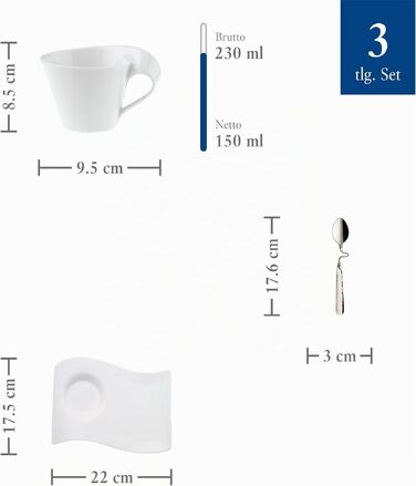 Набір для капучино Villeroy & Boch NewWave: порцелянова чашка, блюдце та ложка з нержавіючої сталі, 3 предмети, преміум якість