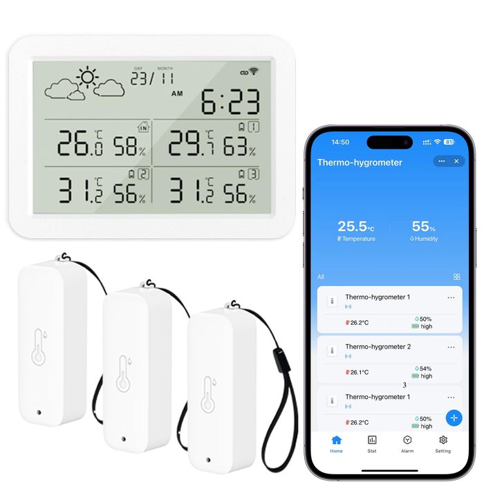 Термометр-гігрометр WIOONI Wi-Fi з LCD-дисплеєм: 3 сенсори + 1 база. Сумісний з Tuya/Smart Life