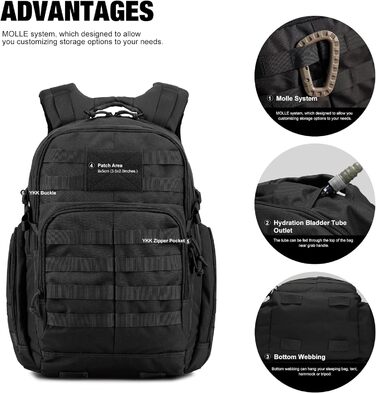 Mardingtop тактичний військовий рюкзак 40л з MOLLE, чорний, для туризму, походів і кемпінгу
