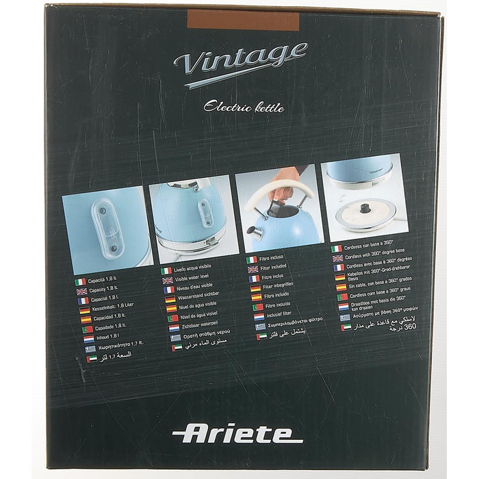 Електрочайник Ariete Vintage 2877, ретро дизайн, 1,7 л, 2000 Вт, нержавіюча сталь, видимий рівень води, автоматичне вимкнення, бездротовий 360° підставка, ергономічна ручка, блакитний
