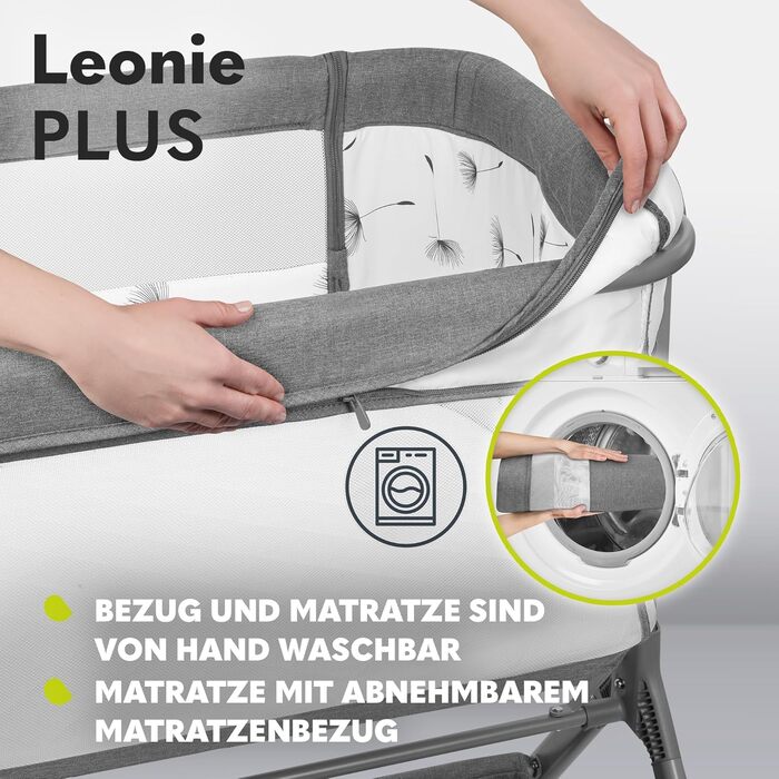 Дитяче ліжко Lionelo Leonie Plus 3 в 1 (ліжко, приліжкова колиска, гойдалка) сірого кольору, до 9 кг, з регулюванням висоти, повітряні стінки, знімною бічною панеллю, коліщатка з гальмом, великий кошик