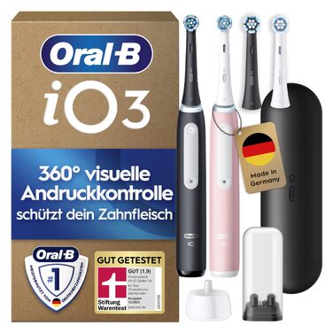 Електрична зубна щітка Oral-B iO Series 3, набір: 2 щітки (матовий чорний та рожевий), 4 смінні насадки та чорний дорожній чохол