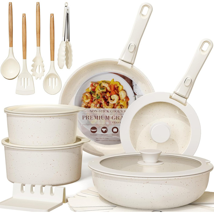 Набір посуду Astercook 21 предмет: каструлі та сковорідки з антипригарним покриттям, керамічний набір посуду, знімні ручки, для дому та кемпінгу, сумісний з індукцією, можна мити в духовці, стійкий