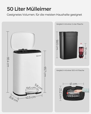 Смітник для кухні SONGMICS 50 л з педаллю, кришкою Softclose, білий, сталевий корпус, внутрішнє відро