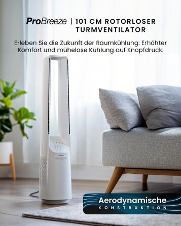 Вентилятор без лопатей Pro Breeze 101 см з пультом, LED дисплеєм, 6 швидкостями, 5 режимами, автоколиванням 60° та таймером 7 годин - білий