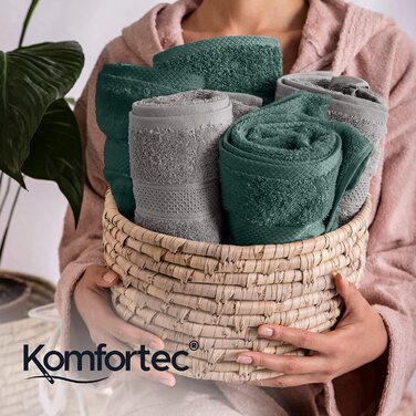 Набір рушників Komfortec 8 шт, 100% бавовна, махрові, 4 банних 70x140 см і 4 для рук 50x100 см, антрацитово-сірі та темно-зелені, м'які, великий розмір