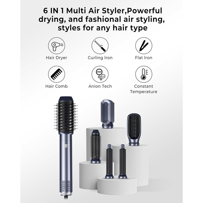 Багатофункціональний стайлер для волосся Haarstyler 6-в-1: фен-щітка, випрямляч, плойка, насадки для об'єму та локонів, блакитно-золотий