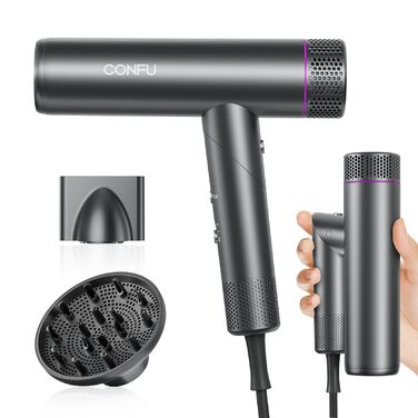 Професійний іонний фен для волосся CONFU 1700W, складаний фен з магнітним дифузором та стилізуючою насадкою, темно-сірий
