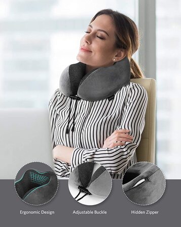 Подушка для шиї Homiee для подорожей: ортопедична, з memory foam, для автомобіля, літака, офісу (сіра)