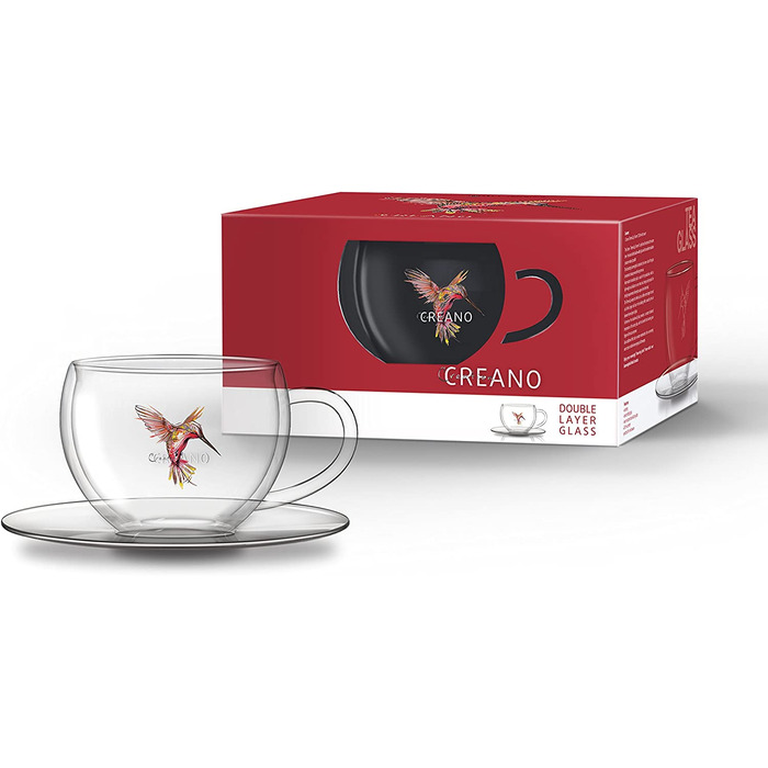 Набір із 6 термочашок Creano 250 мл з подвійними стінками для чаю та латте, з малюнком колібрі, у подарунковій упаковці