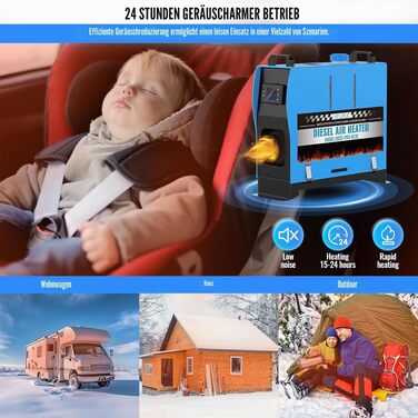 Автономний дизельний обігрівач VELPAX All in One 8кВт, портативна повітряна опалення 12V/24V/220V з LCD-дисплеєм та пультом для авто, вантажівок, кемперів та човнів (Синій)