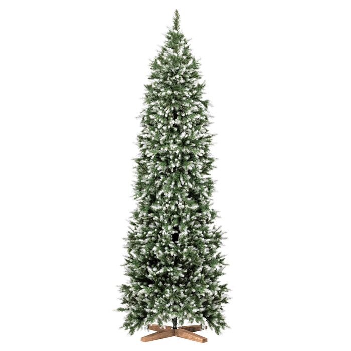 Штучна ялинка FAIRYTREES Nordmanntanne Slim Premium з білим снігом та шишками, PVC, 220 см, з дерев'яною підставкою