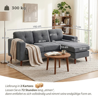 Кутовий диван Ecksofa 192 см, 3-місний, з реверсивним шезлонгом, вельвет, темно-сірий