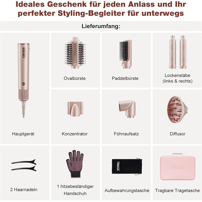 Стайлер для волосся 7 в 1 Airstyler: фен з дифузором та автоматична плойка для завивки, рожевий