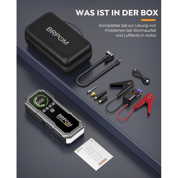 Powerbank Starthilfe BRPOM для автомобіля з компресором 160PSI, 8000A, 26800mAh, для бензинових та дизельних двигунів (12.0L), стартер, LED-ліхтар 600LUM, сріблясто-сірий