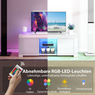 Телевізійна тумба з LED-підсвіткою, 2 дверцятами, скляною полицею, отворами для кабелів, для вітальні, виготовлена з ДСП, білого кольору.