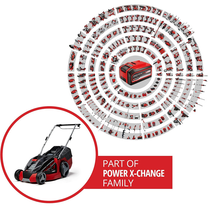 Акумуляторна газонокосарка Einhell GE-CM 43 Li M Kit Power X-Change 36В, безщіткова, ширина косіння 43 см, для газонів до 600 м², з мульчуванням, кошик 63 л, висота 25-75 мм, 2 акумулятори 4.0 А·год та 2 зарядні пристрої