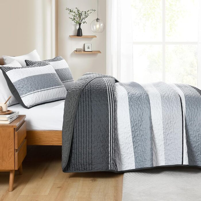 Покривало WONGS BEDDING 220x240 см синє, стьобане, мікрофібра, комплект 3 предмети (покривало + 2 наволочки 50x75) для двоспального ліжка, для спальні або дивана
