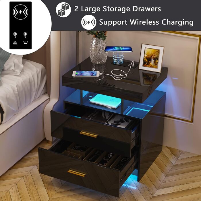 Нічний столик Lvifur з LED-підсвічуванням, сенсором руху та USB/Type-C зарядкою, 2 шухляди, бездротова зарядка, 3 кольори, регулювання яскравості, чорний колір