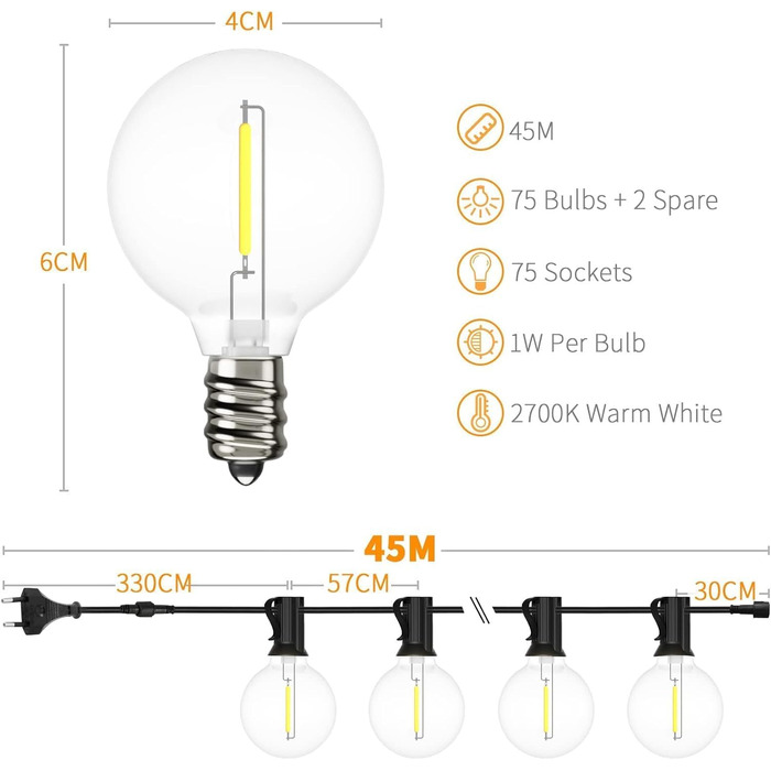 Гірлянда світлова вулична 45м LED G40 пластик, IP44, теплий білий 2700K для саду, тераси, вечірки