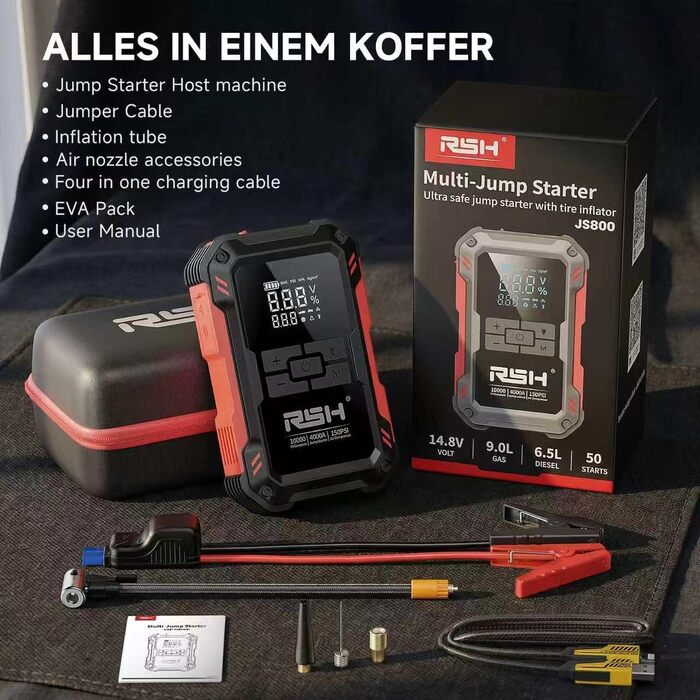 Пусковий пристрій RSH 4000A Jump Starter з компресором 150 PSI, бустер для авто 12V (бензин до 9.0L, дизель до 6.5L), Powerbank 10000 mAh та LED-ліхтарем, 4-в-1