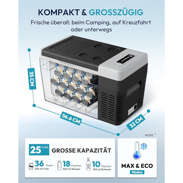 Автомобільний компресорний холодильник EUHOMY 25л з Wi-Fi, -20°C~20°C, 12/24V, 100-240V для кемпінгу, подорожей, човна, сірий