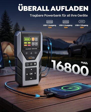 Пусковий пристрій YaberAuto Jump Starter 7000A з OBD2 діагностикою та тестером акумулятора, Powerbank 16800mAh для бензинових та дизельних авто (до 10л), з LED-ліхтарем
