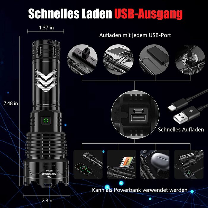 Ліхтарик Shadowhawk LED XHP160.2 50000 Люмен, акумуляторний, тактичний, водонепроникний IP67, USB-зарядка, для кемпінгу та активного відпочинку, чорний