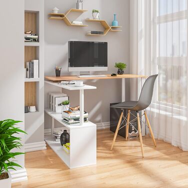 Кутовий комп'ютерний стіл WOLTU TS65hei, 120x100x74 см, світлий дуб, МДФ, з полицями для офісу, письмовий стіл для ноутбука та ПК