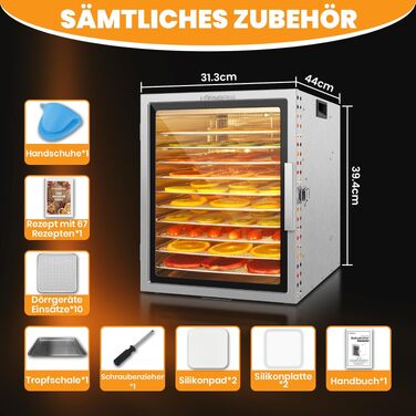 Сушарка для овочів та фруктів електрична 800W, 36 лотків (29x29 см), 2 яруси, нержавіюча сталь, 30-90°C
