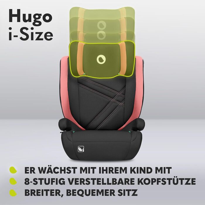 Автокрісло Lionelo Hugo R129 (100-150 см) – ISOFIX, 8 положень підголівника, бічний захист, комфортні підлокітники (Рожеве, I-SIZE)