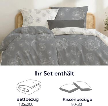 Комплект постільної білизни Dreamzie з бавовни, 4 предмети (2 підковдри 135x200 см, 2 наволочки 80x80 см), сірий Ginkgo, Oeko-Tex, з блискавкою