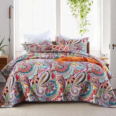 Покривало Qucover 220x240 см бавовна Boho для двоспального ліжка, кольорове стьобане літнє покривало 230x250 см з наволочками, комплект пейслі