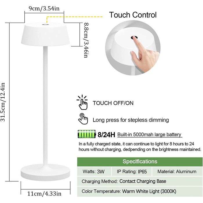 Klighten LED акумуляторна настільна лампа, диммована, сенсорна, алюмінієва, бездротова, IP54 водостійка, для дому та вулиці, 2 шт., біла, 3000K-6000K, USB-C зарядка