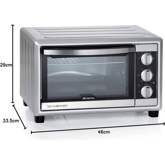 Духовка електрична Ariete Bon Cuisine 250, 25 літрів, срібляста - з конвекцією, 6 режимів, таймер 60 хв, до 230°C, 1500 Вт
