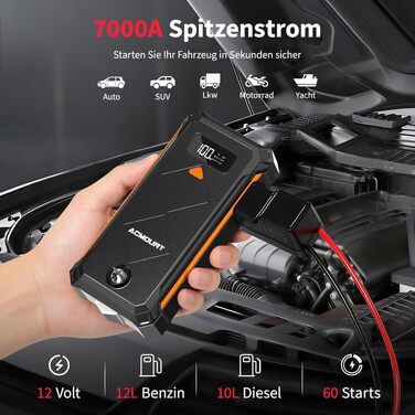 Бустерний пускач Acmount P110 7000A Powerbank для авто (12л бензин/10л дизель) з LED-ліхтарем, компасом та молотком для PKW, SUV, мотоциклів, газонокосарок, помаранчевий