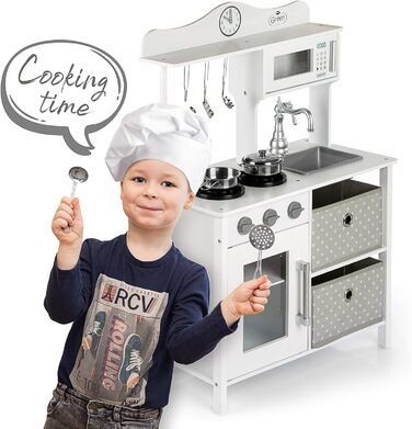 Дерев'яна дитяча кухня Kinderplay з LED та звуками приготування їжі, регульована висота 92–107 см, ігровий набір для дітей від 3 років, повний комплект з аксесуарами, світло-сірий колір (Vintage - White)