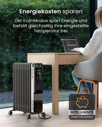 Розумний електричний масляний радіатор Pro Breeze 2500Вт, 11 секцій, з керуванням через Wi-Fi (Smart App), термостатом, таймером на 24г та сенсорним дисплеєм, сріблястий