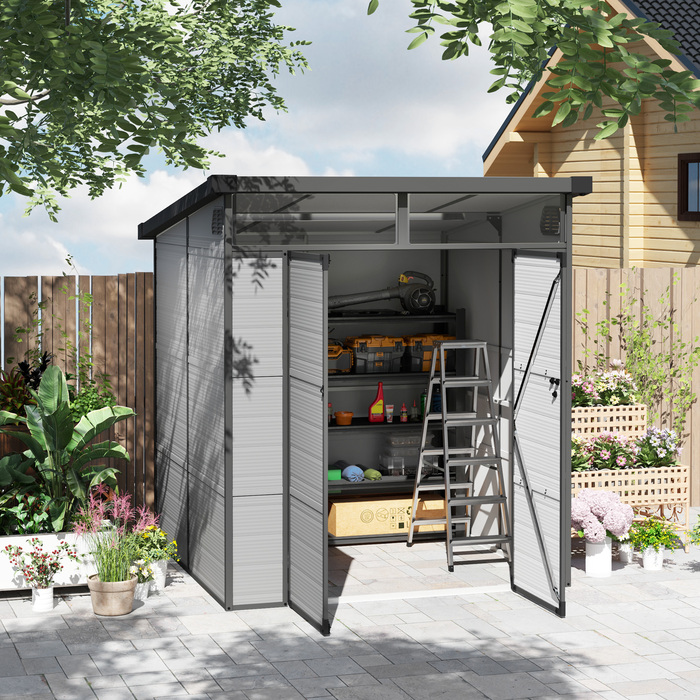 Садовий сарай Outsunny Garden Shed пластиковий 3,24 м³ 190x191x215 см Садовий сарай з моноскатним дахом, двері, що замикаються, Стійкий до погодних умов садовий сарай, Відкритий садовий сарай Шафа для заднього двору, Зовнішній, Світло-сірий