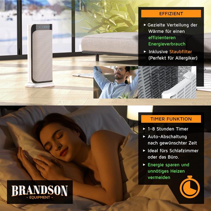 Енергозберігаючий керамічний обігрівач Brandson з дистанційним керуванням, для ванної, тихий, з таймером, функцією обертання, білий, GS сертифікат
