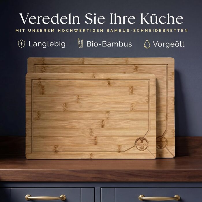 Набір дощок для нарізання Deer & Oak з бамбука XXL та велика (43x30 & 38x25 см) - для м'яса, овочів, професійні, попередньо оброблені олією