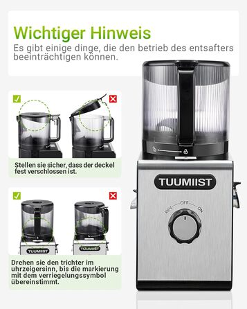 TUUMIIST Шнековий соковитискач XXL, 150 мм, 3 л, для сім'ї, 99% вижимка, BPA-free, REV Anti-Blockier System, чорний