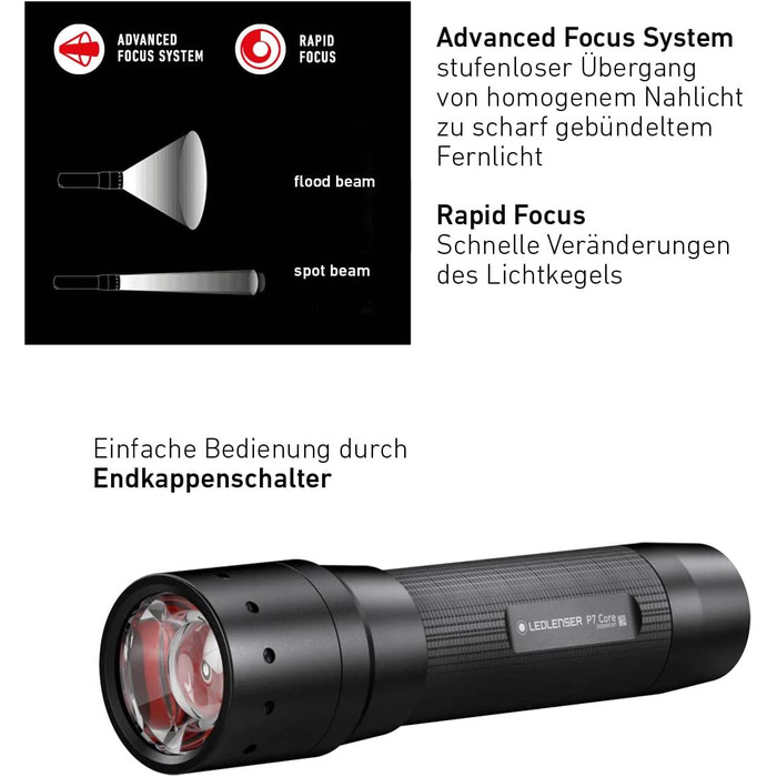 Ліхтарик Ledlenser P7 Core універсальний, LED, 450 люмен, фокусування, дальність 300 м, на батарейках AAA, три режими яскравості