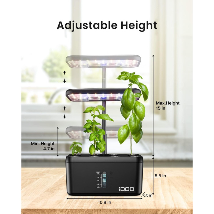 iDOO Система гідропоніки Smart Garden 8 Pods: Розумний сад для вирощування трав та овочів вдома, LED лампа, автоматичний таймер, регульована висота, чорний