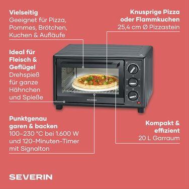 Міні-піч Severin Bake&Toast TO 2078, 20Л, 1600Вт, з конвекцією, таймером, каменем для піци та вертелом, чорна