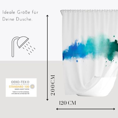 Шторка для душу Drophop Textile 120x200 см, блакитно-бірюзово-зелена, Petrol, градієнт кольору, 100% поліестер, з вантажним краєм, непрозора, водонепроникна, пральна, з антигрибковим покриттям, з 12 нержавіючих кілець