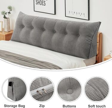 Подушка трикутна для спини OHMG 180x50x20 см, сіра - для ліжка та дивана, з кишенею, знімний чохол